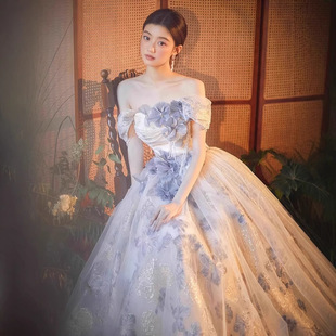 蓝色仙气复古赫本风气质晚礼服一字肩成人礼宴会修身礼服裙长款女