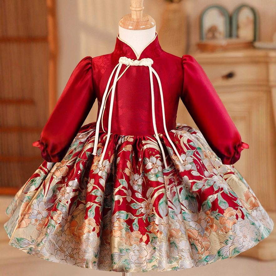 长袖女宝宝周岁礼服中式唐装旗袍公主裙女童国风生日抓周宴礼服