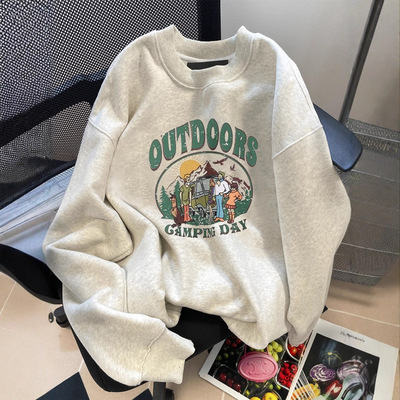 灰色卫衣女2025新款圆领长袖宽松慵懒风秋季薄款冬季加绒潮ins