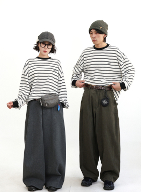 TRIFFER经典条纹长袖tee定织定染300g趣味鱼骨刺绣男女款