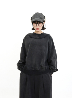 TRIFFER春季重磅炒色假两件圆领卫衣磨破吊烂做旧男女款