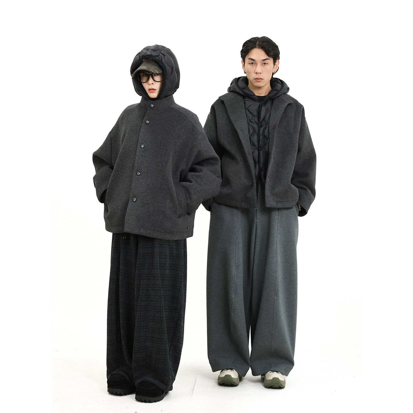 TRIFFER复古毛呢假两件羽绒服绗缝拼接90白鸭绒男女款