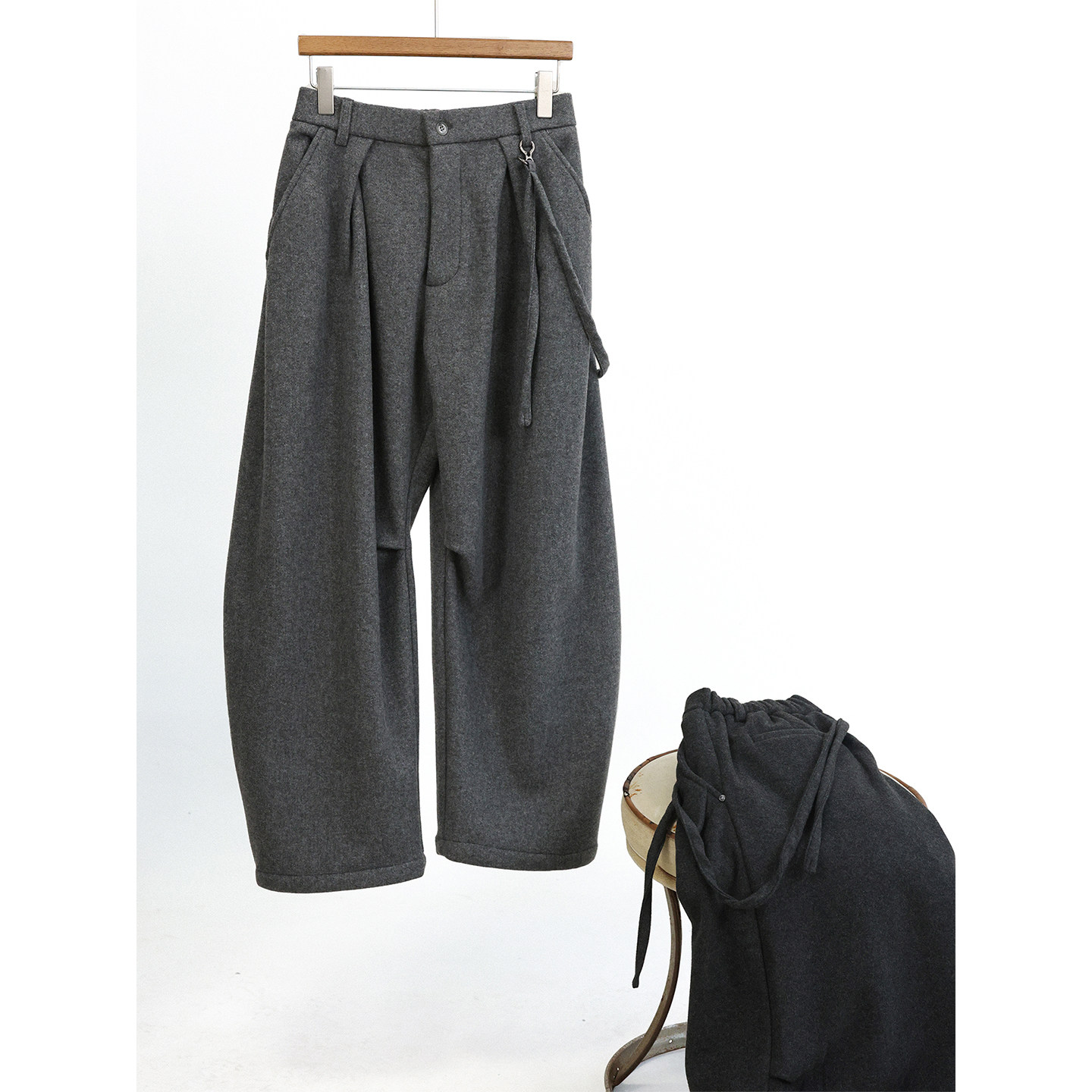 TRIFFER复古加厚毛呢休闲裤可拆卸挂绳复合牛奶绒男女款