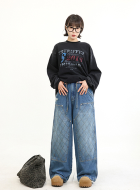 TRIFFER26ss春季重磅牛仔裤480g复古菱格补丁男女款