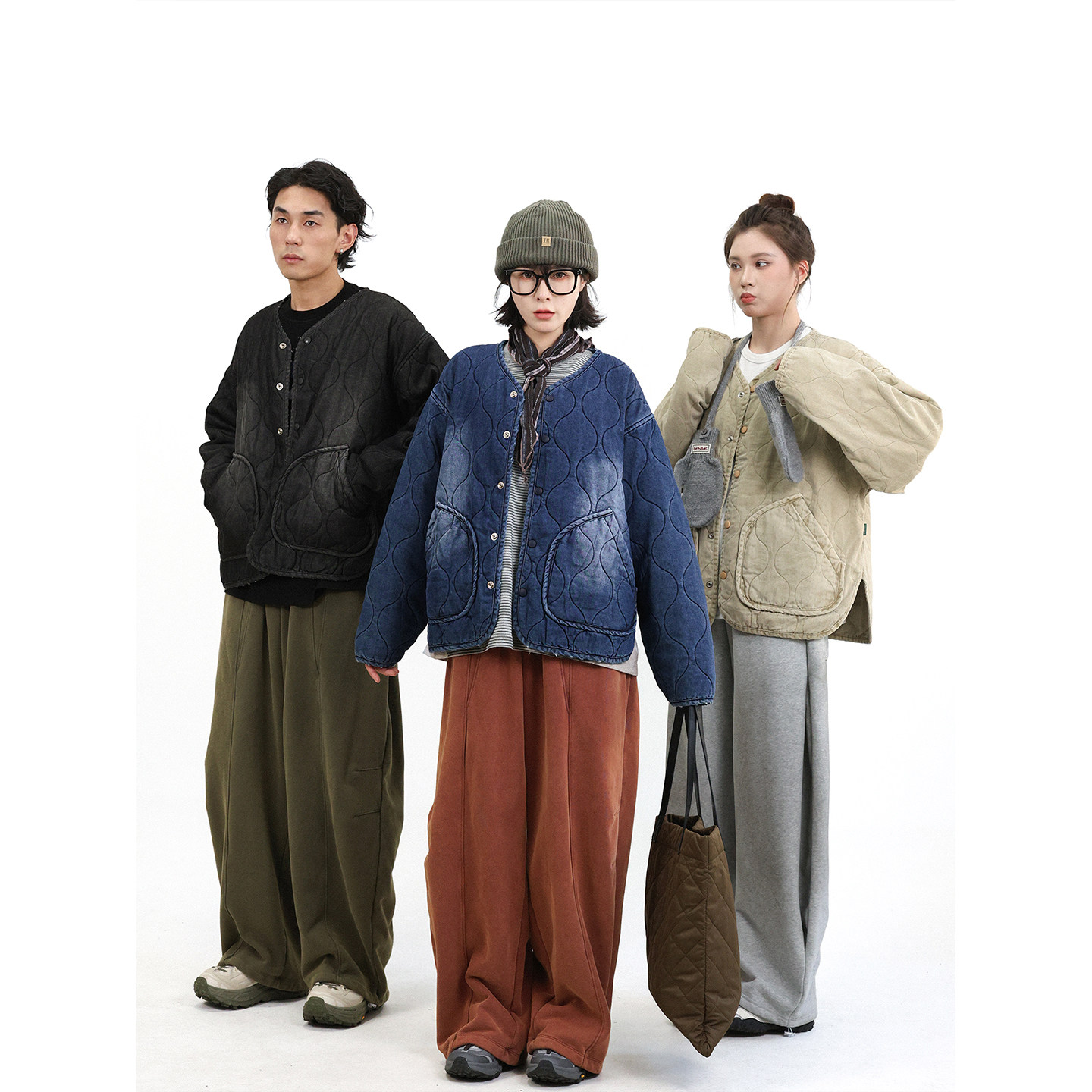 TRIFFER圆领绗缝棉衣复古染色 牛仔 内胆式外套男女款