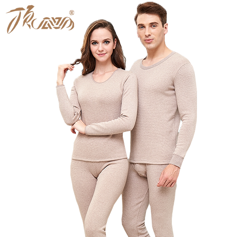 顶瓜瓜顶呱呱里层全棉加绒加厚男女条纹纯棉中老年保暖内衣套装