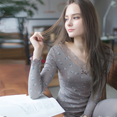 顶瓜瓜 印花修身 顶呱呱旗舰女秋衣秋裤 保暖棉质薄内衣蕾丝v领薄款