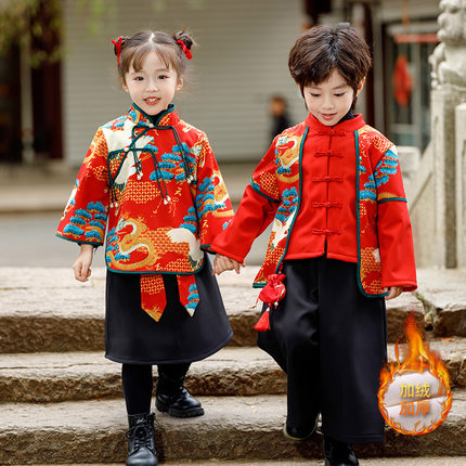 童女童秋冬唐装中国风外套2023新款红色拜年服加绒加厚儿童汉服喜