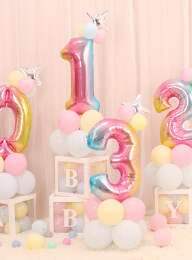 儿童大号数字彩色气球布置 满月百天1周岁生日装饰铝膜气球立柱