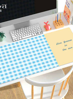 SUYA苏雅蓝色格子超大鼠标垫办公游戏桌垫电脑键盘垫子防污皮革垫