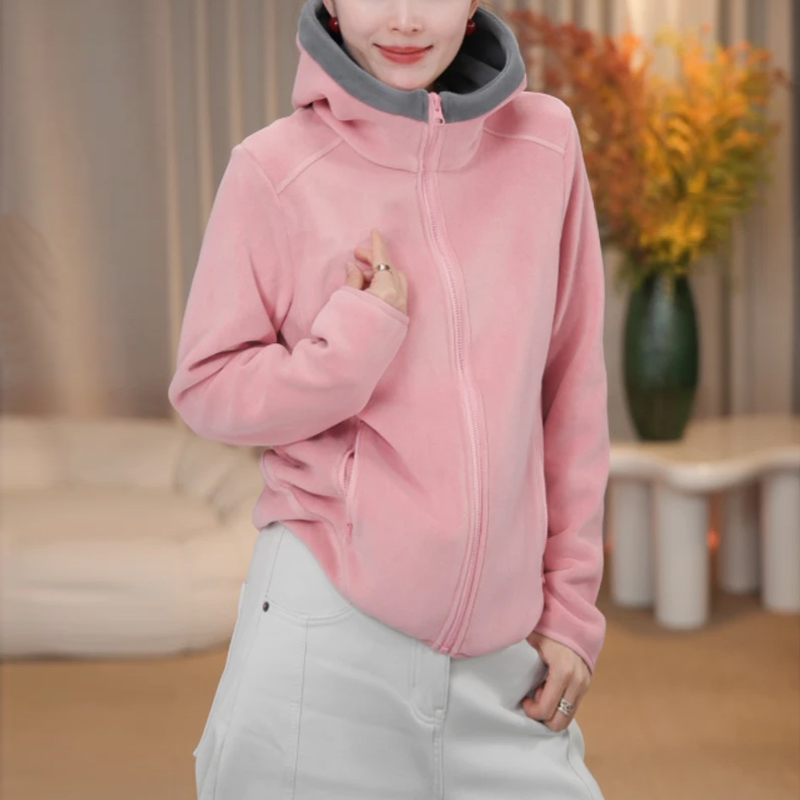 时尚洋气拼色摇粒绒连帽卫衣外套女2025冬季新款加厚保暖帽衫上衣