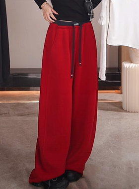 红色腰头撞色弯刀阔腿裤女2025秋季新款高腰抽绳垂感运动休闲卫裤