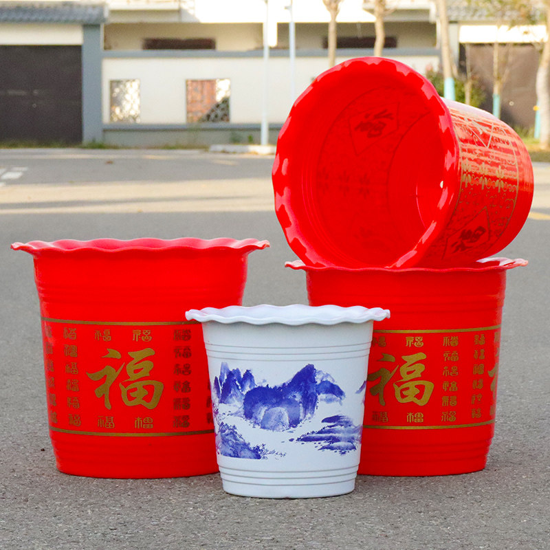 仿陶瓷喜庆花盆红福字山水图案