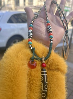 天然玛瑙九眼天珠项链男女款民族风复古做旧毛衣链锁骨链