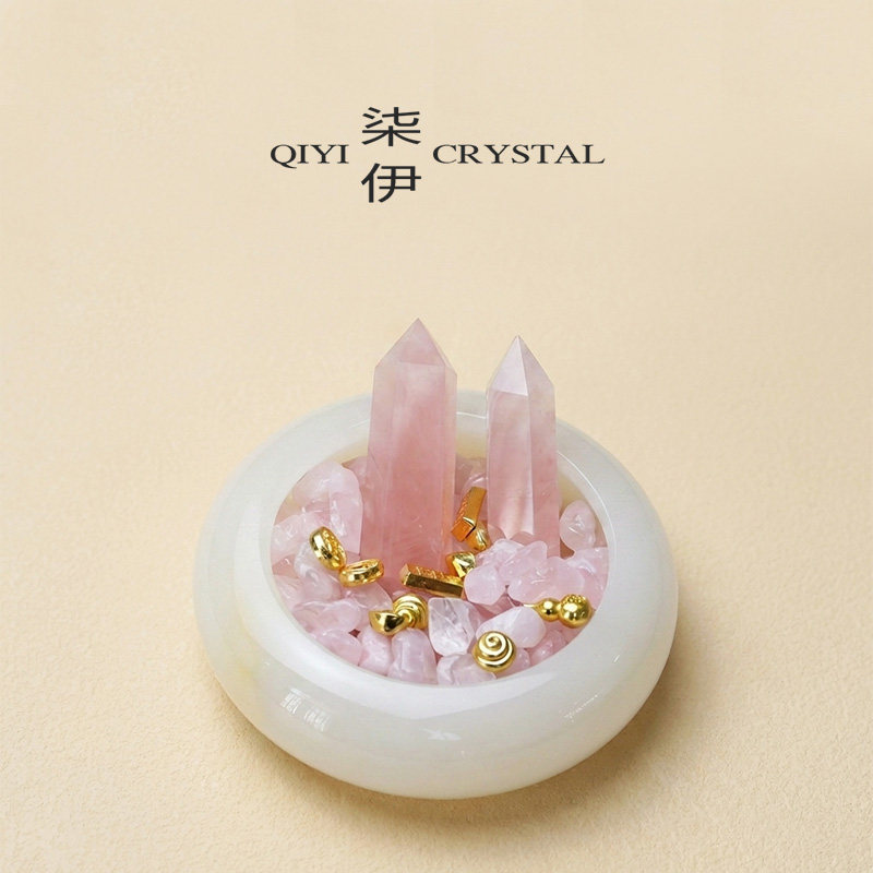 天然粉水晶柱玉碗能量摆件轻奢高档礼物创意玄关家居装饰摆件