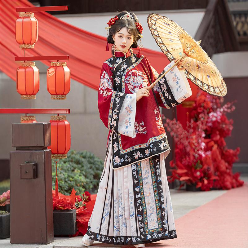 【若烟】清汉女双色重工复原刺绣马面裙国风斜襟立领清代服饰秋冬