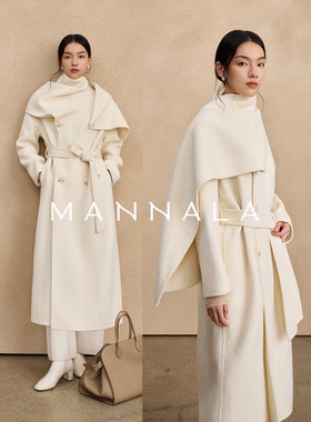 MANNALA丨“静月大衣”优雅知性苏丽羊驼围巾领长款羊毛大衣Q6391