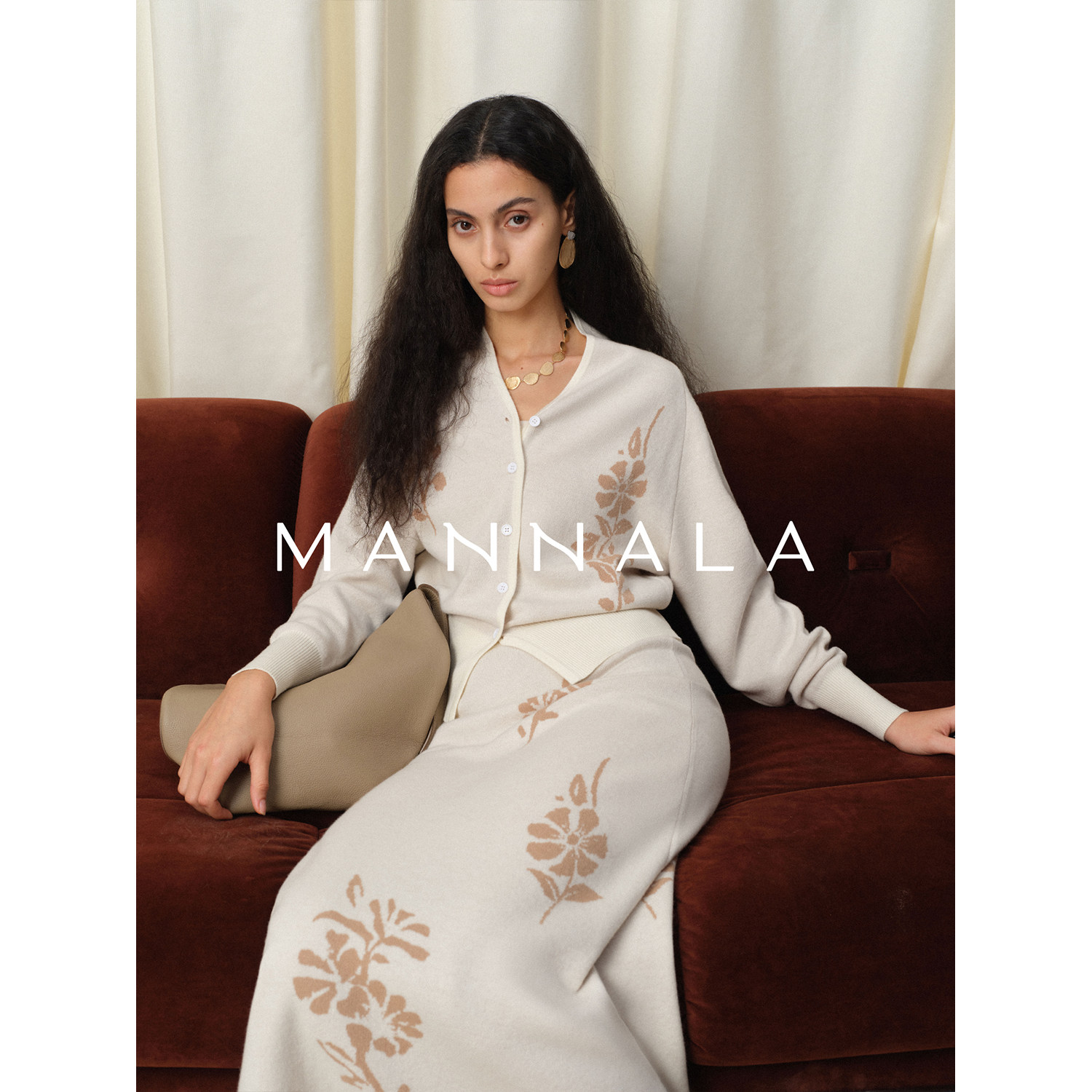 MANNALA丨“落花间”手绘小苍兰美丽诺羊毛修身针织半裙套装Q4619,女装/女士精品,时尚套装,淘宝优惠券,粉丝福利购,淘宝优惠卷