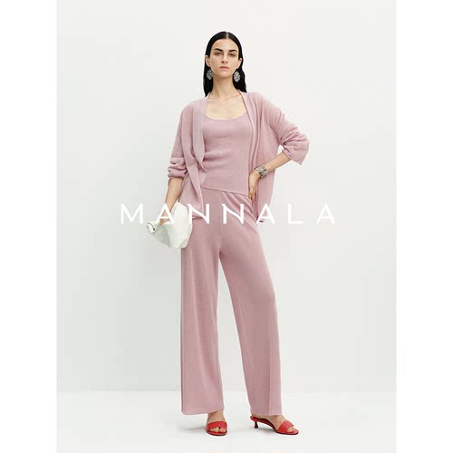 MANNALA丨“老钱假日”慵懒时髦超细亚麻裤子背心开衫套装 Q4562
