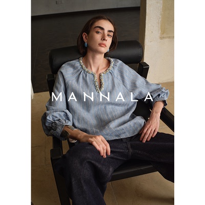 MANNALA丨“金葱领”慵懒休闲亚麻条纹宽松手工织带高定衬衫Q2425