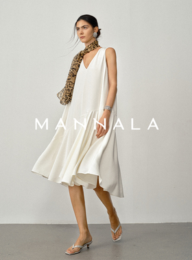MANNALA丨“观夏裙”静奢大雅A版真丝荷叶边白色背心连衣裙 Q8155