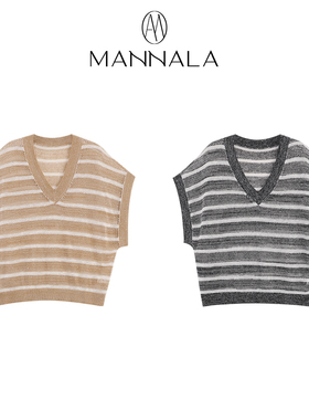 MANNALA丨“白线流”Jue美亚麻条纹镂空网眼亮片v领针织衫 Q4483