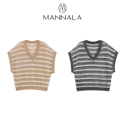 MANNALA丨“白线流”Jue美亚麻条纹镂空网眼亮片v领针织衫 Q4483