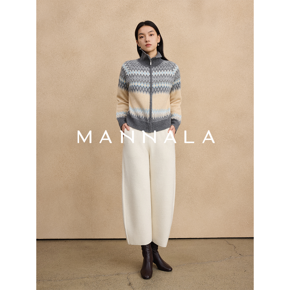 MANNALA丨“云弓”山羊绒羊毛极简松紧腰弧形弯刀针织长裤 Q4787