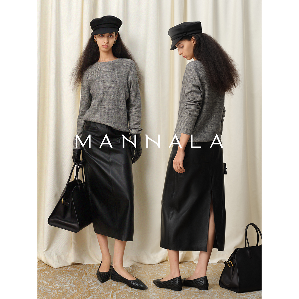 MANNALA丨&ldquo;黑胶片&rdquo;时髦精高腰百搭植鞣羊皮直筒半身裙 Q9149
