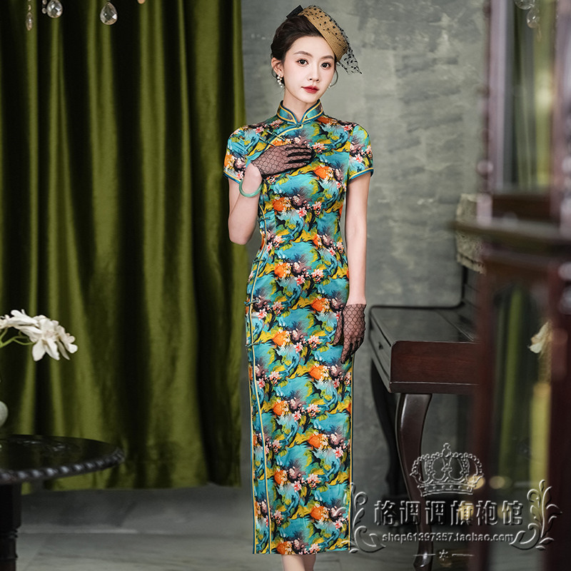 桑蚕丝真丝旗袍高端长款走秀演出