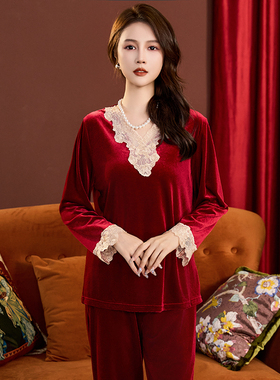 2026年秋冬新贵金丝绒款红色蕾丝花边送妈妈本命年家居服2件套装