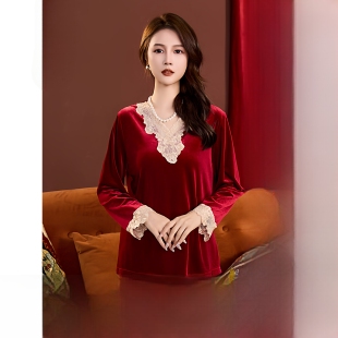 秋冬新款贵妃金丝绒加厚保暖睡衣红色本命年长袖印花睡袍家居服女