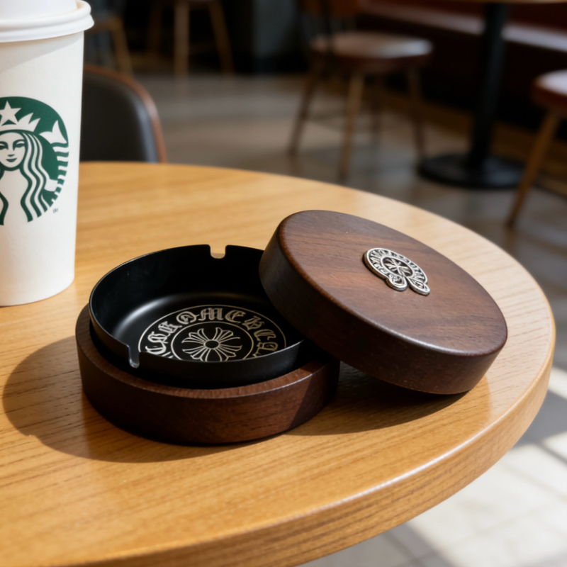 胡桃木烟灰缸创意潮流轻奢有盖防飞灰家用办公室黑檀实木烟灰缸