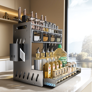 免安装新款厨房抽拉款置物架调味料收纳架调料罐架台面多功能刀架