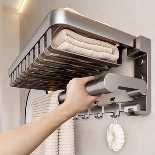 浴室收纳架浴巾架免打孔可折叠卫生间毛巾架太空铝挂杆衣物置物架