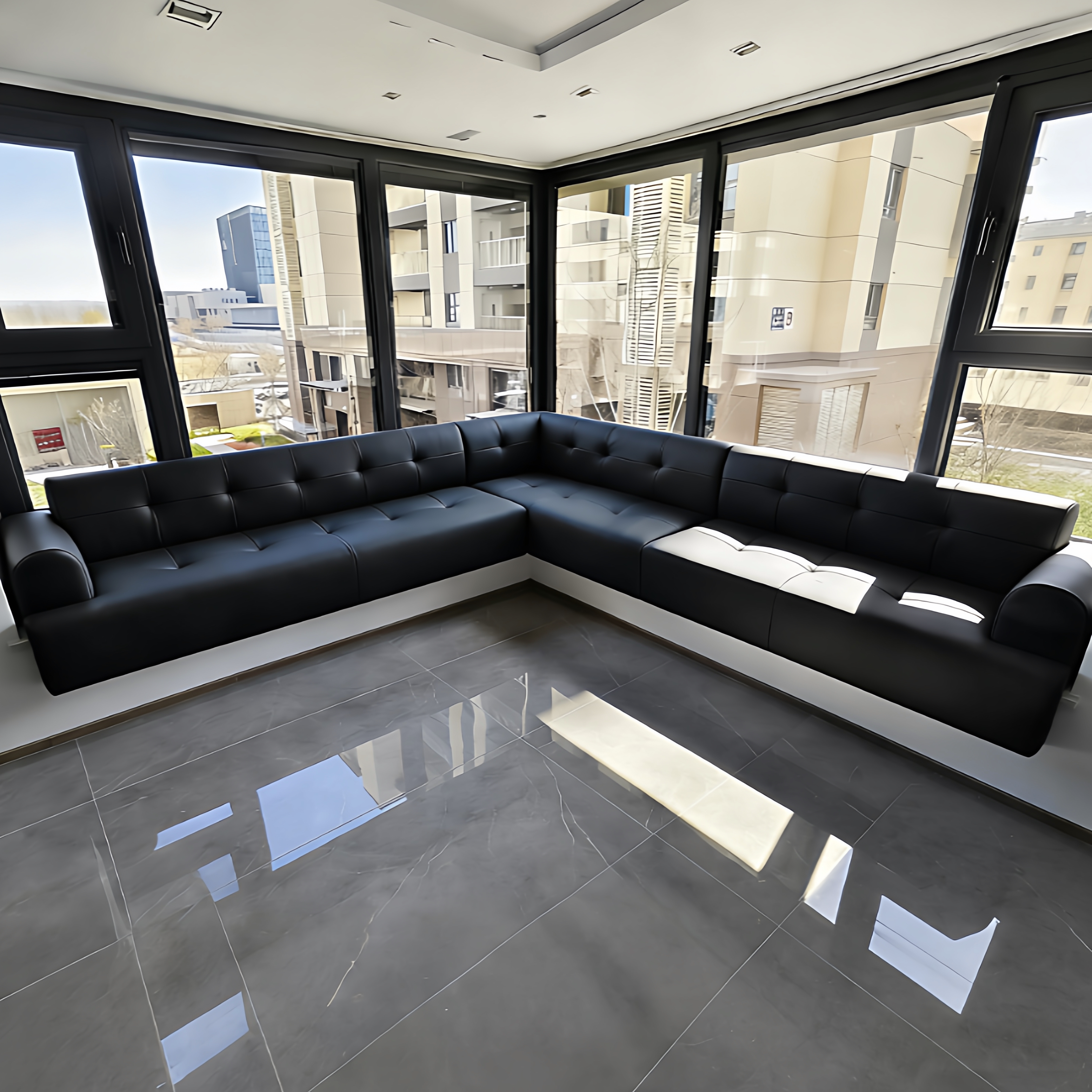 木与组合转角飘窗沙发纳帕皮客厅极简轻奢风一体靠背飘窗卡座定制