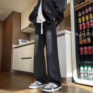 美式 黑色牛仔裤 男青少年直筒宽松水洗阔腿潮流百搭长裤 子 高街新款