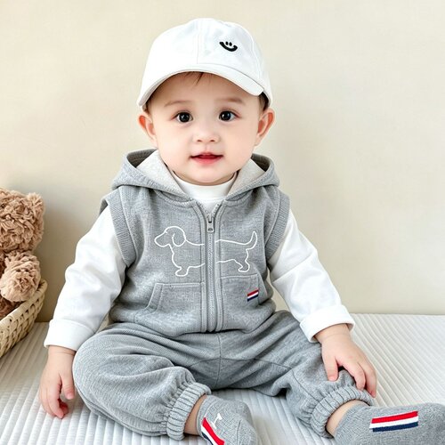 婴幼儿秋装衣服分体套装洋气男宝宝连帽马甲打底衫休闲裤三件套潮