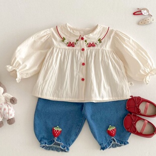 女童洋气衬衫小左小右春季湖州织里宝宝韩版衬衣儿童春装草莓上衣