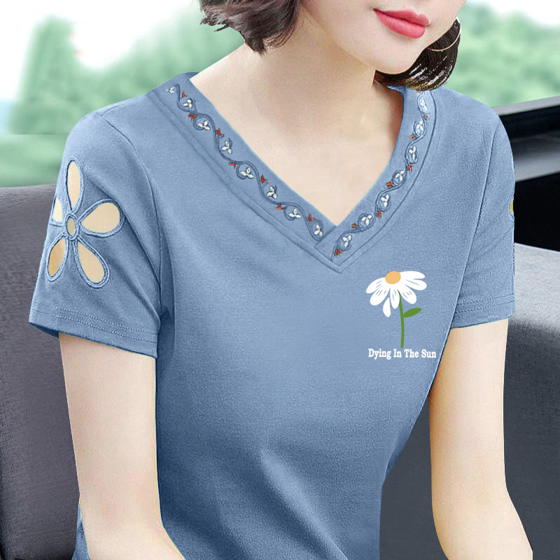 短袖休闲常规刺绣印花纯棉女