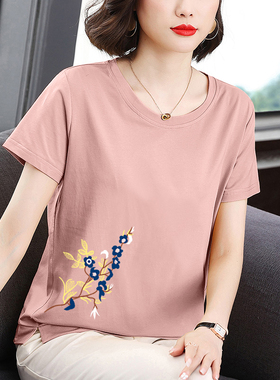 纯棉t恤女妈妈短袖夏装宽松显瘦新款中国风中年妇女装气质上衣潮