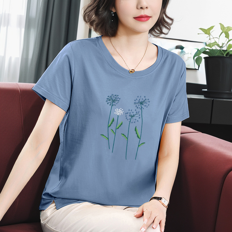 纯棉女士短袖t恤夏季2024新款中老年妈妈夏装宽松显瘦圆领上衣女