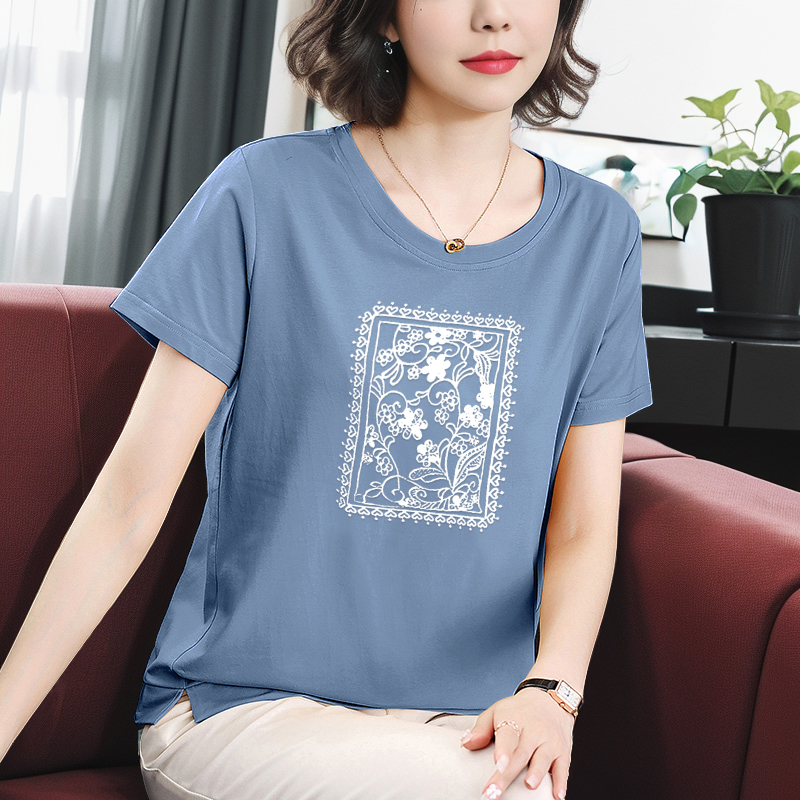 纯棉短袖t恤女中年妈妈上衣时尚休闲大码中老年女士全棉半袖夏装