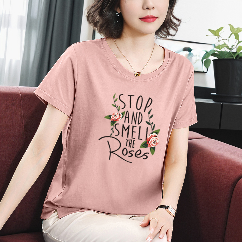 纯棉短袖t恤女妈妈宽松大码上衣新款中年女士全棉夏装洋气体恤衫