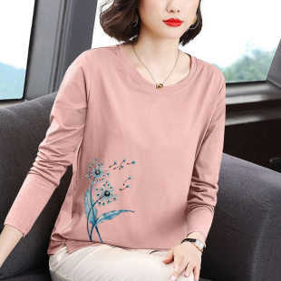 中老年女装 纯棉长袖 大码 打底衫 洋气上衣全棉 t恤女中年妈妈春秋装