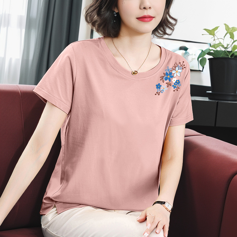 纯棉短袖t恤女新款妈妈装上衣时尚宽松大码气质中年妇女全棉夏装