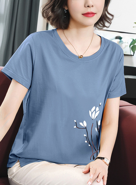 纯棉短袖t恤女妈妈上衣宽松新款中国风印花中年女装气质夏装全棉