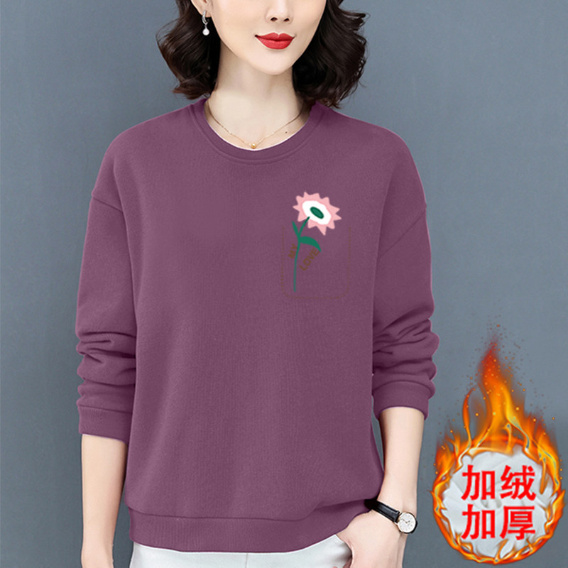 中年妈妈女士卫衣加绒加厚新款宽松秋装时尚圆领上衣女中老年厚款