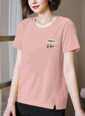纯棉短袖t恤女夏季圆领上衣2024新款洋气中年妈妈装休闲全棉夏装