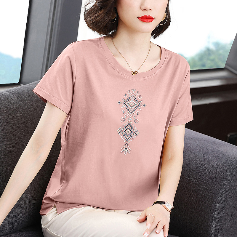 中年妈妈纯棉短袖女休闲印花